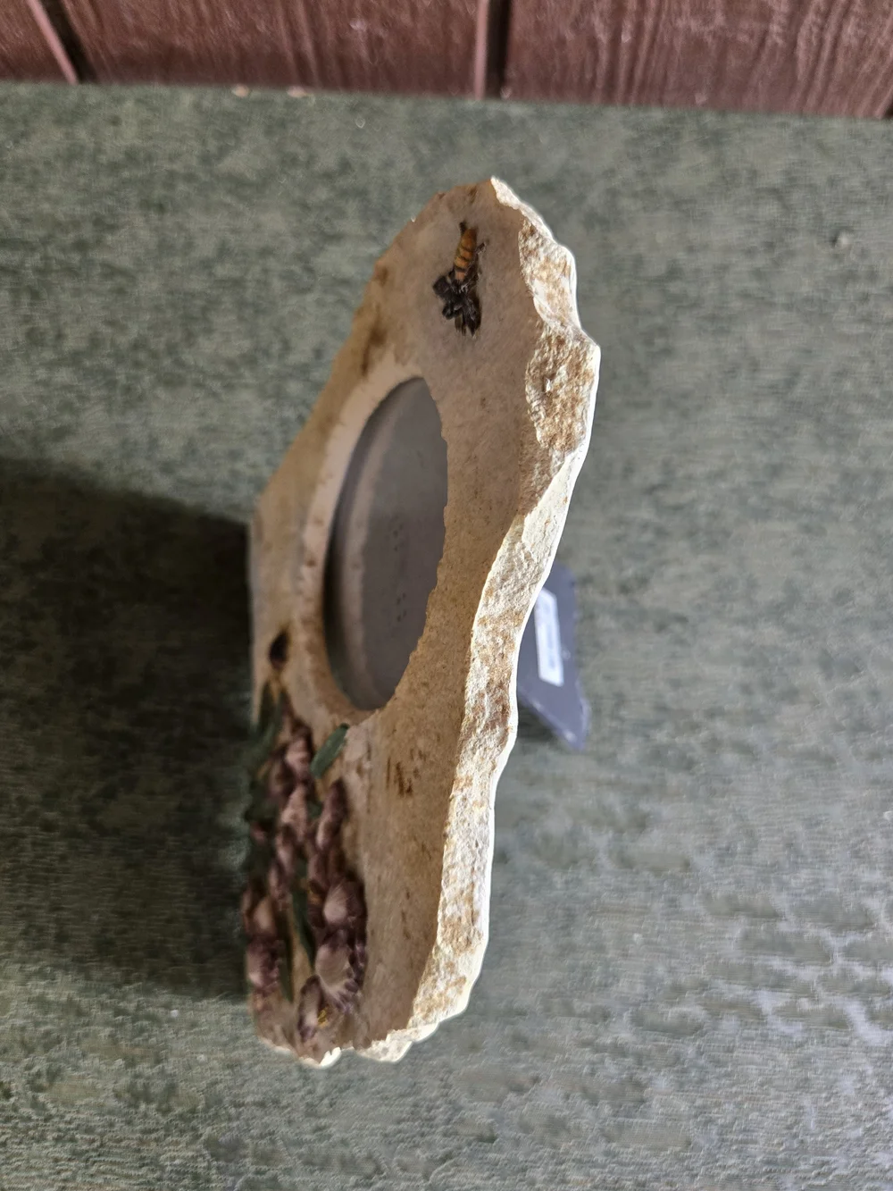 Floral Faux Stone Photo Frame with Purple Iris, Bee & Ladybug